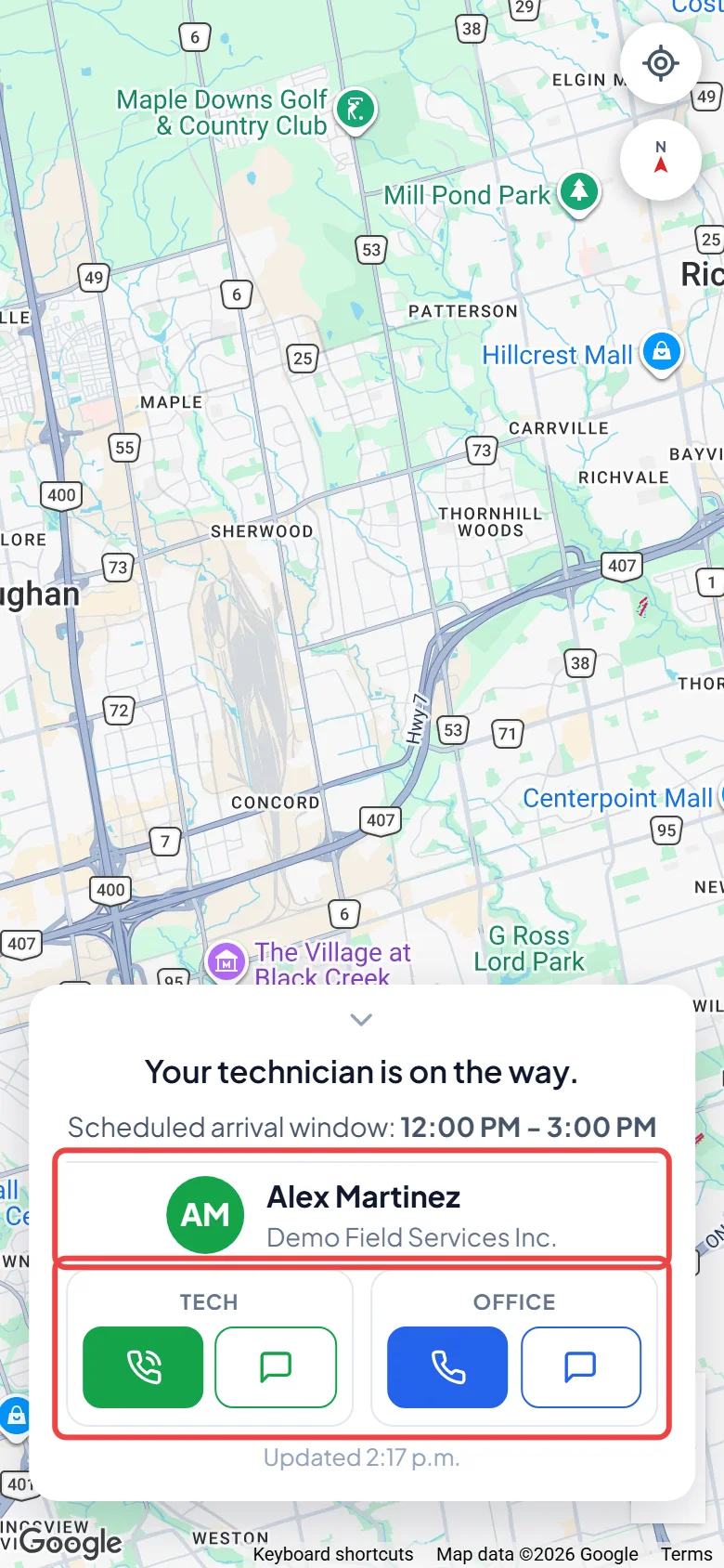 The technician card and contact buttons on the tracking page