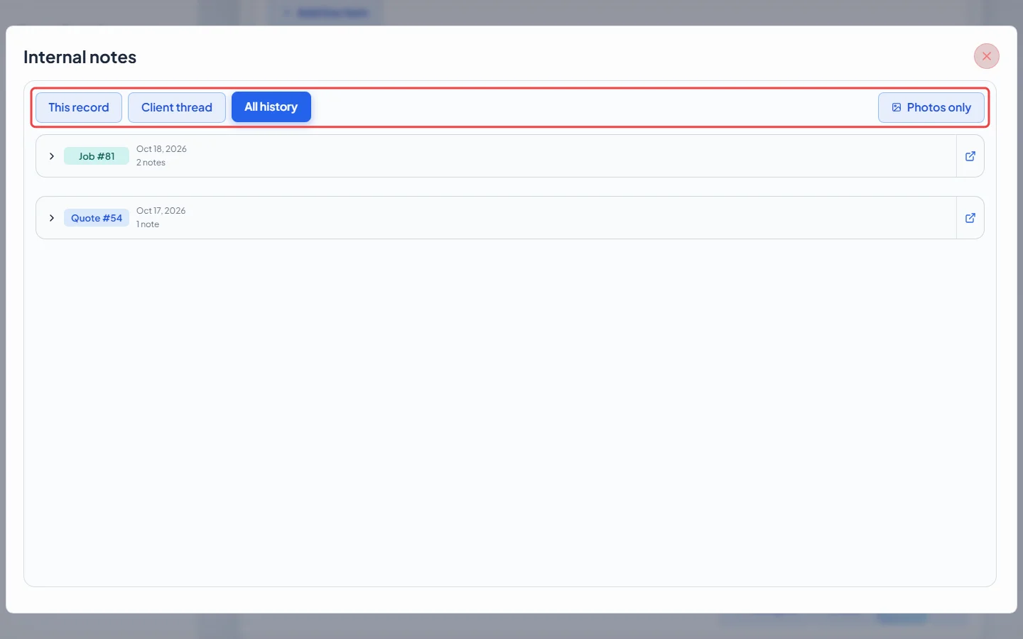 The All history tab with notes grouped by record