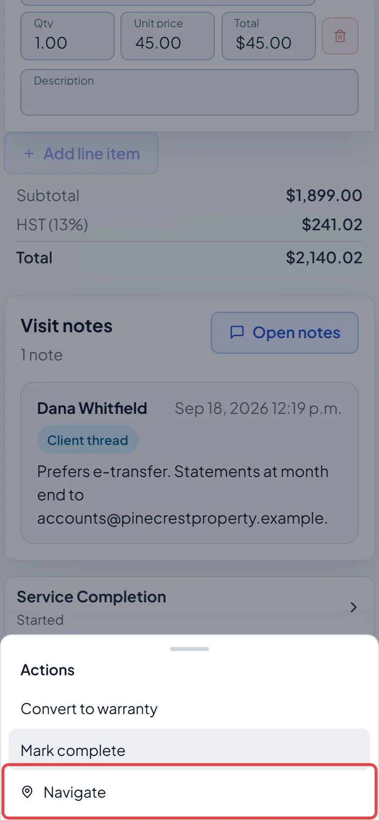 The visit's Actions menu with Navigate on a phone