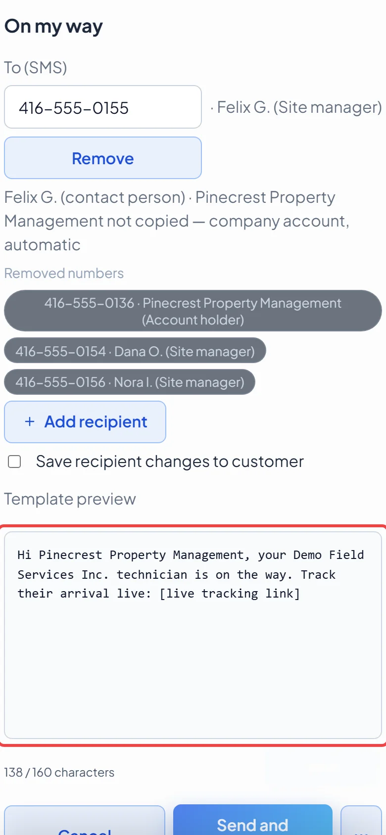 The text preview in the On my way window