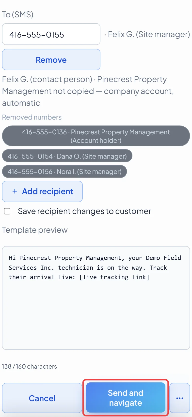 The Send and navigate button at the bottom of the window