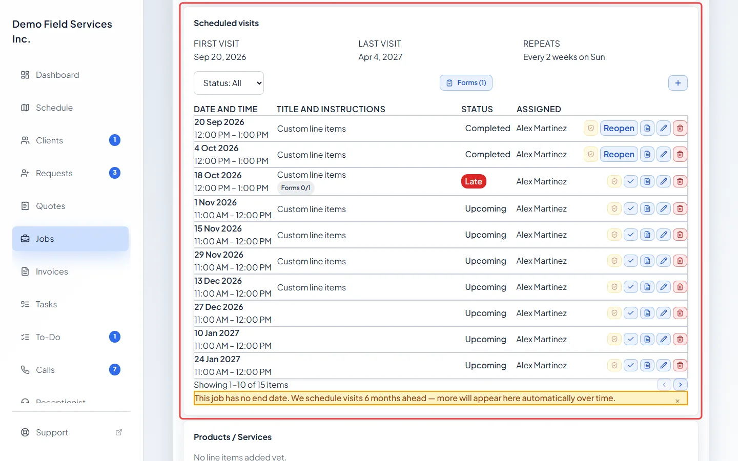 The Scheduled visits list on a recurring job