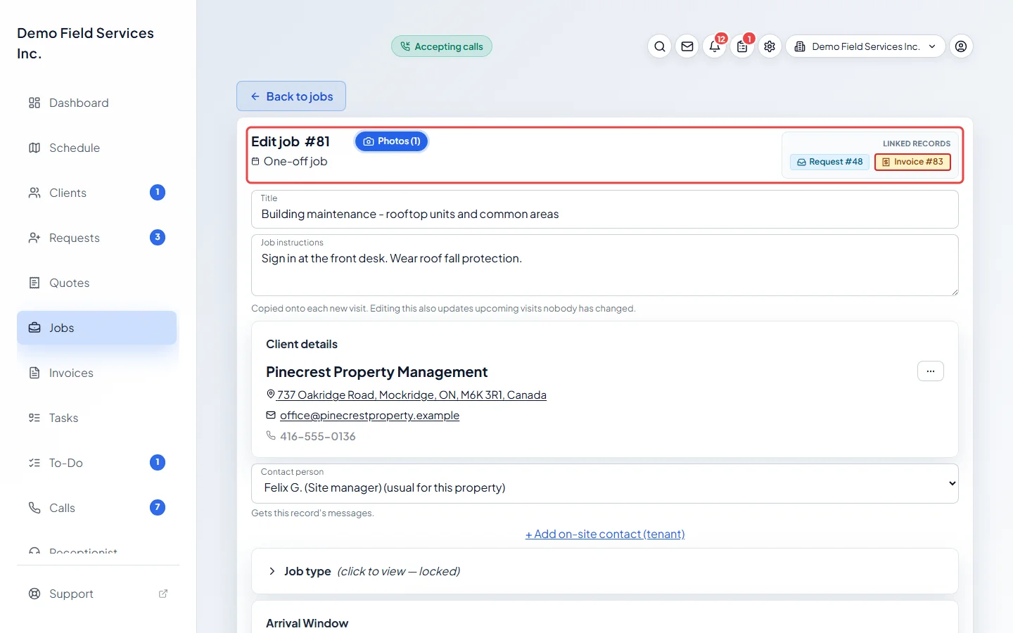 The top of a job page with the job number and linked records