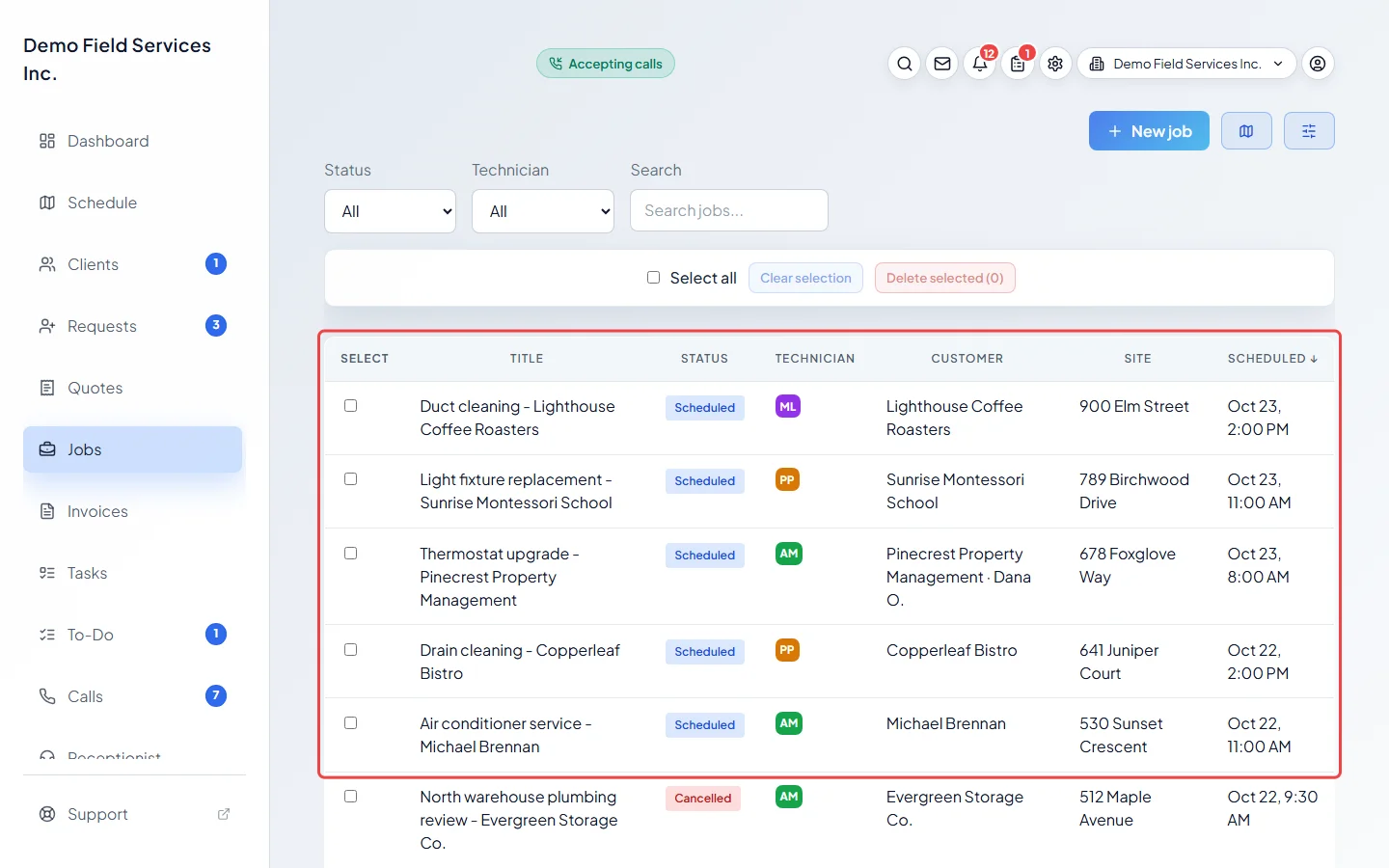 The jobs list table with job rows