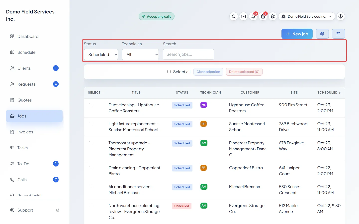 The Status, Technician and Search filters above the list