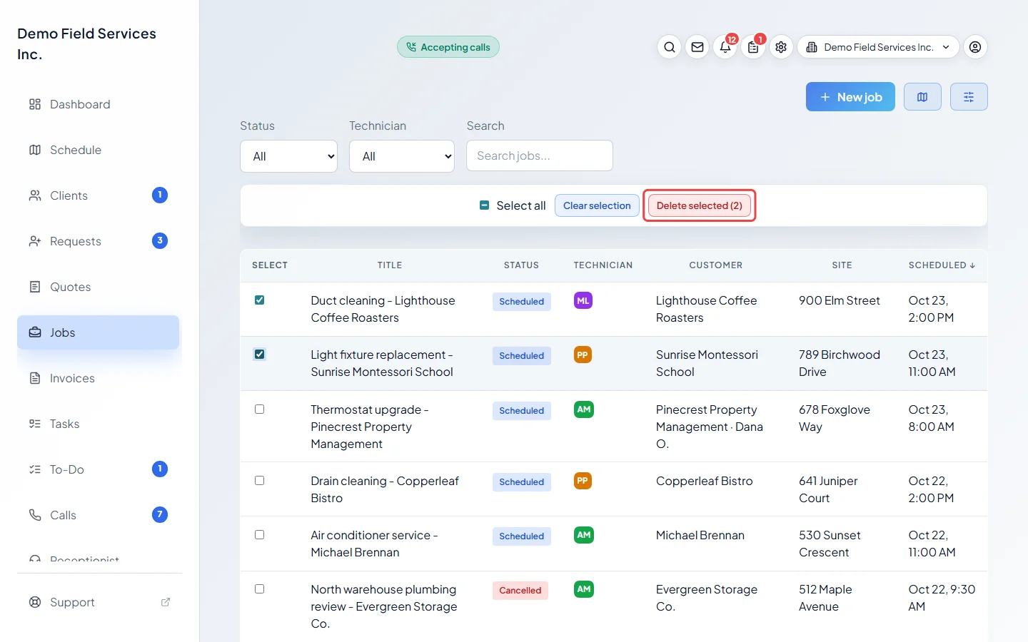 Jobs ticked with the Delete selected button