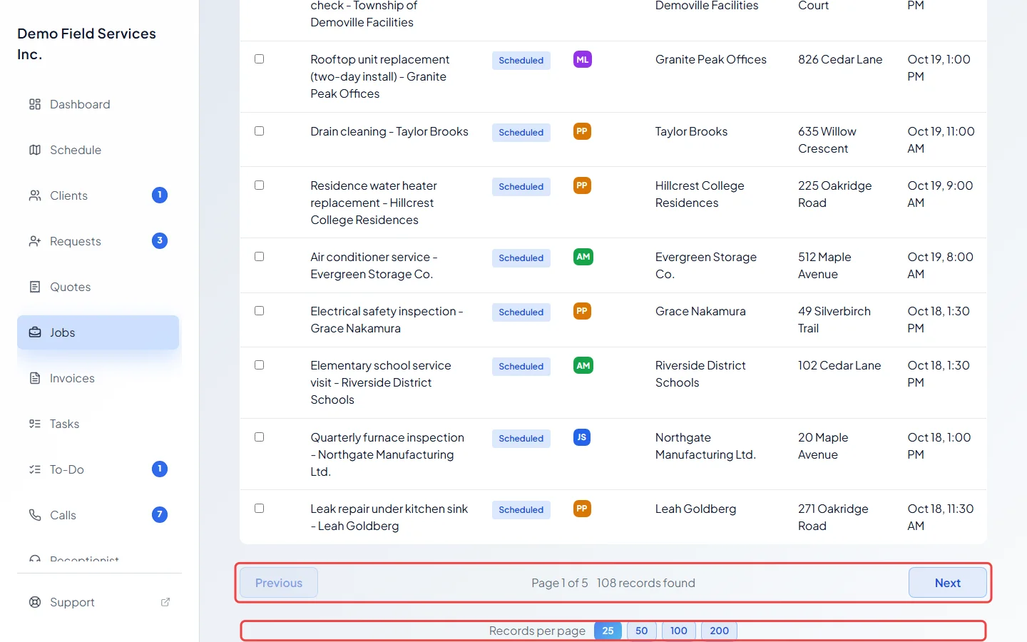 The page buttons and Records per page choices