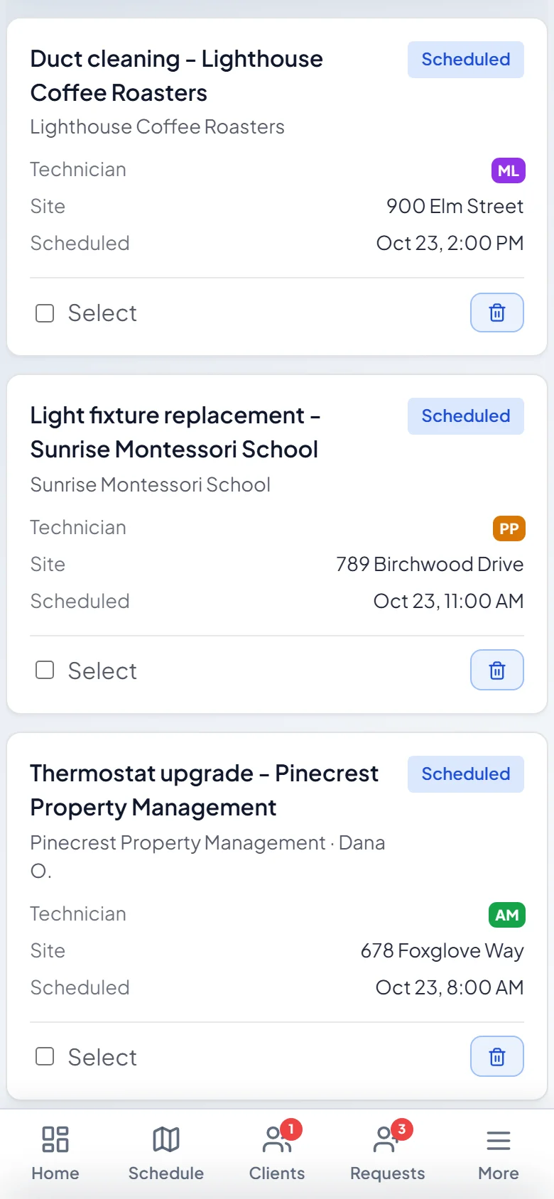 The jobs list as cards on a phone