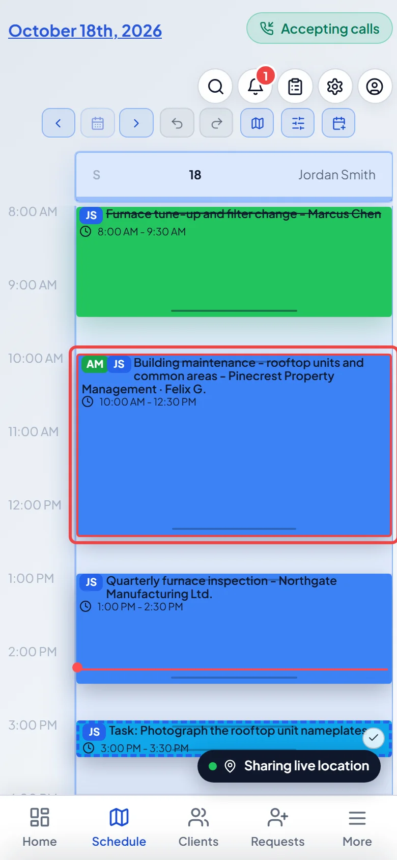 A technician's schedule on a phone with a visit to tap