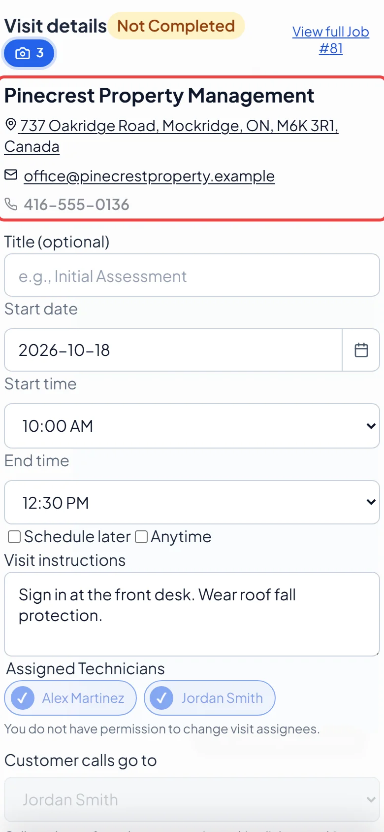 The Visit details window with the client and address