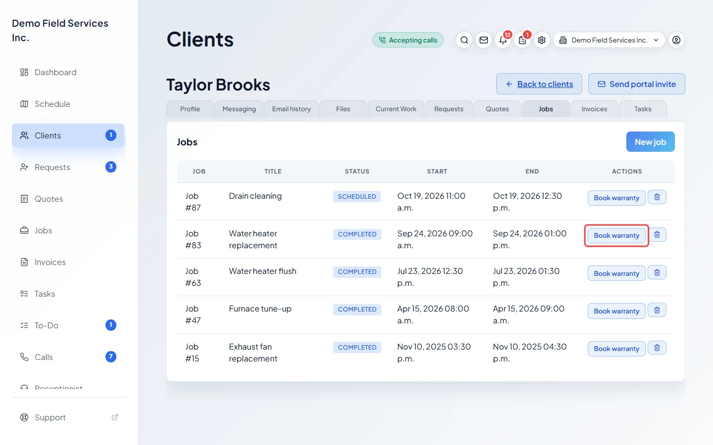 A client's Jobs tab with the Book warranty button