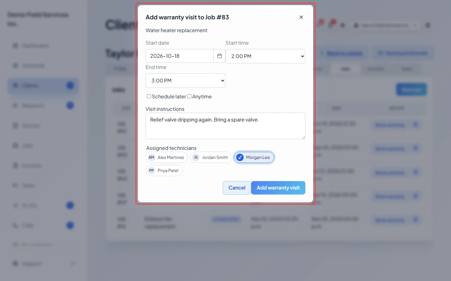 The Add warranty visit window filled in
