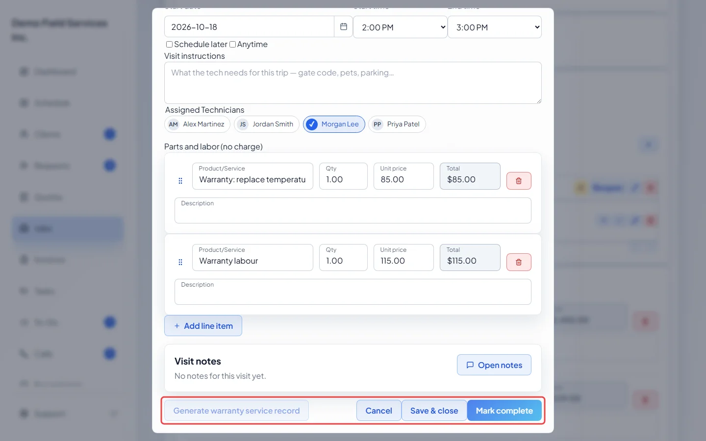 The Mark complete and Generate warranty service record buttons