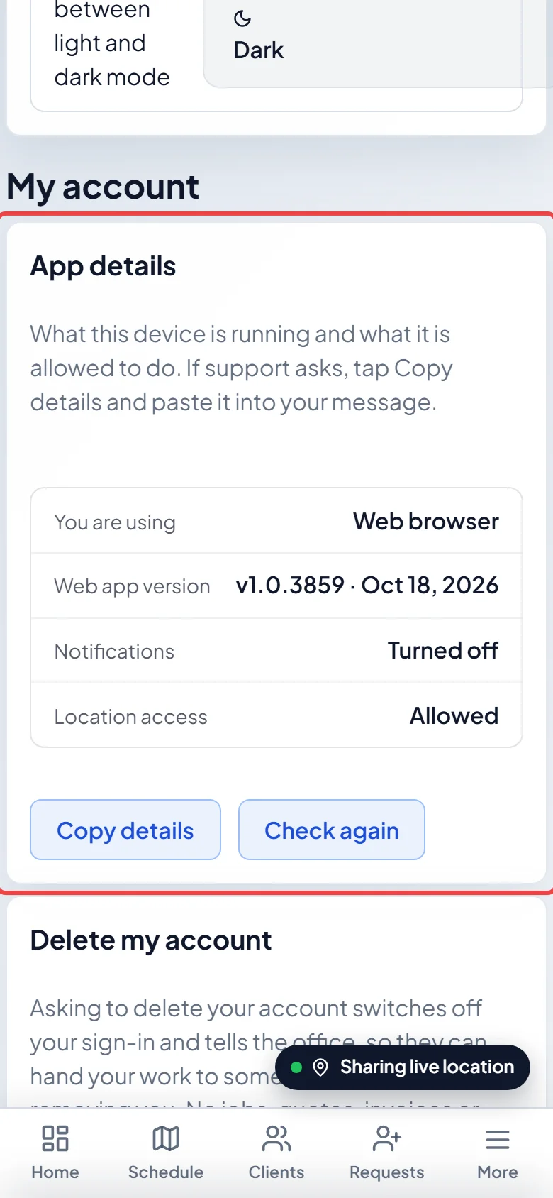 The App details card in My account, here in a phone's web browser
