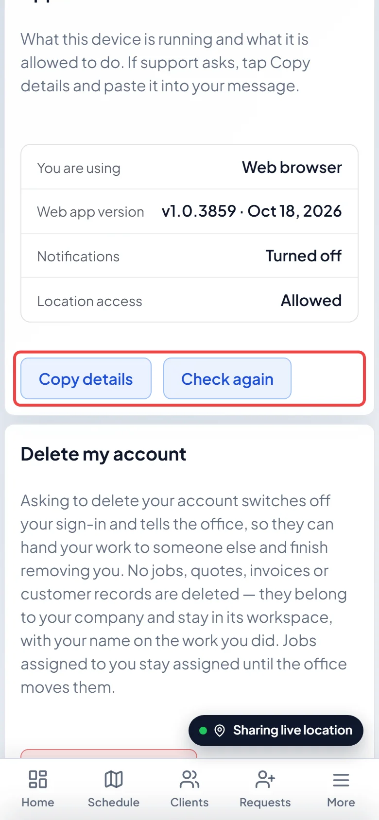 The Copy details and Check again buttons on a phone