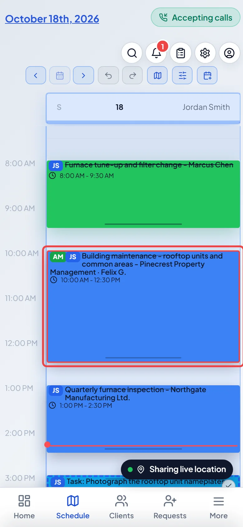 The schedule on a phone with today's visit highlighted