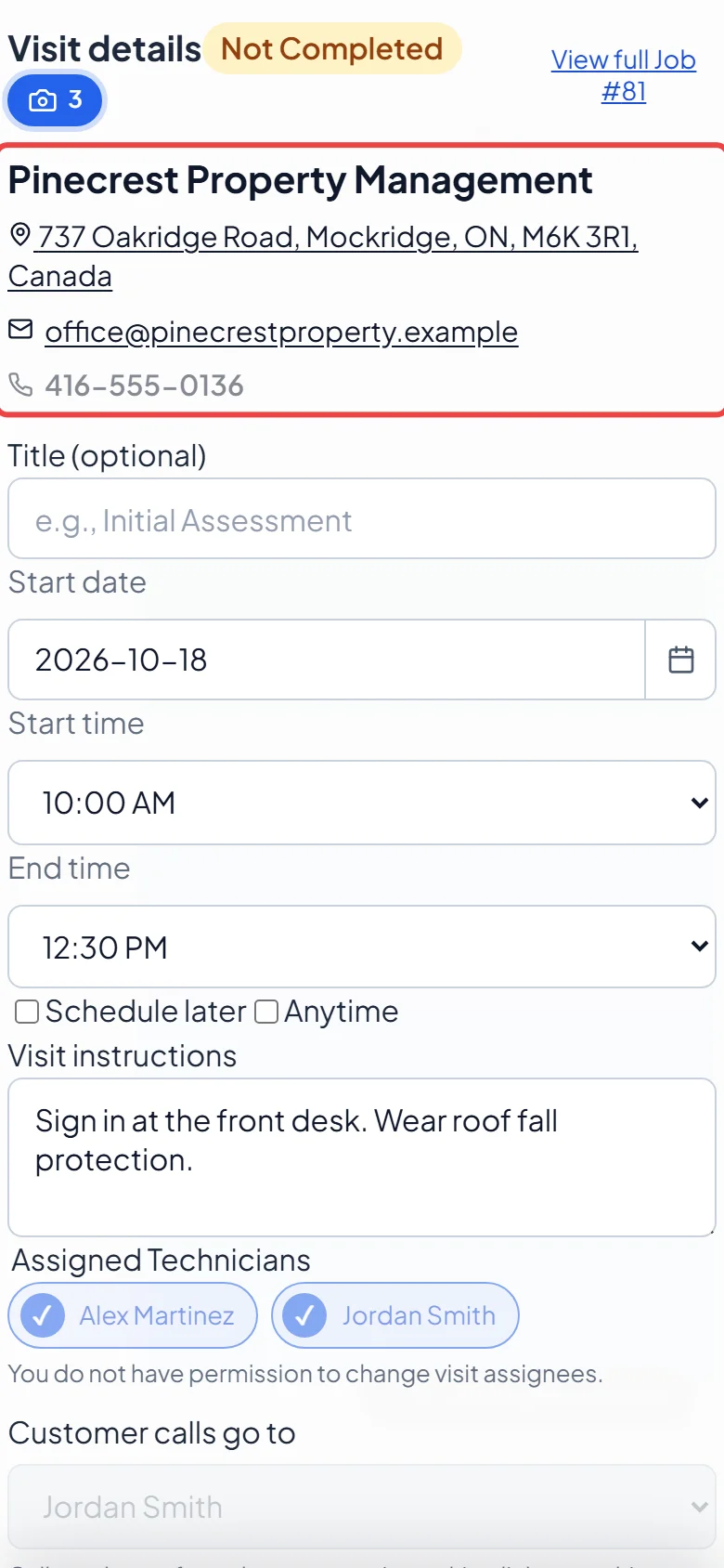 A visit open on a phone with the client's address and phone number highlighted