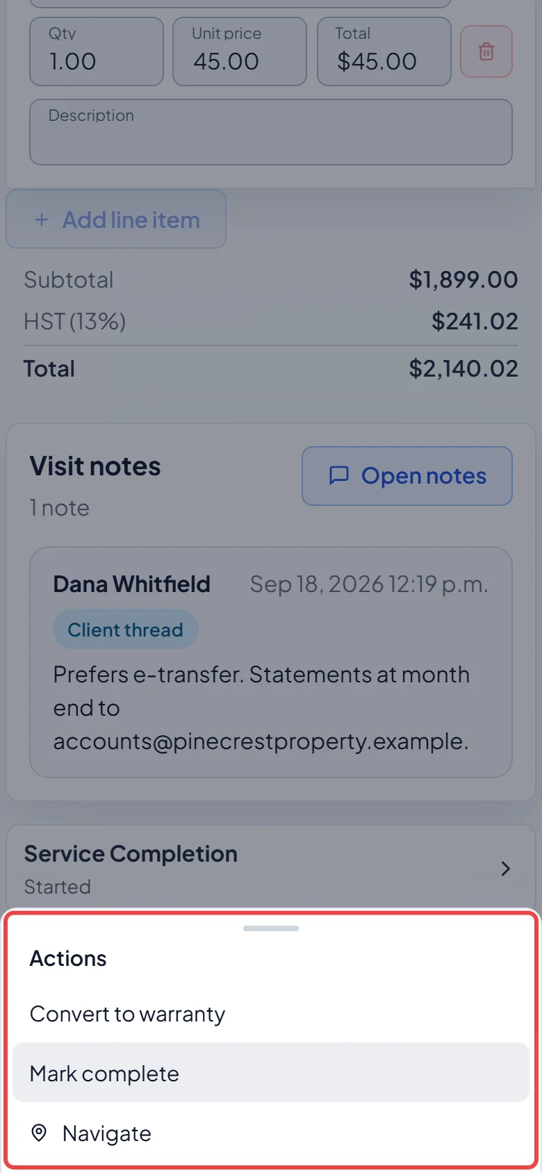 The Actions menu of a visit on a phone