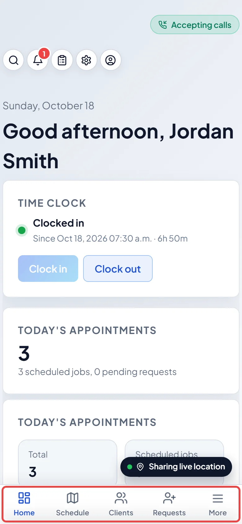 Home on a phone after signing in, with the bottom bar highlighted