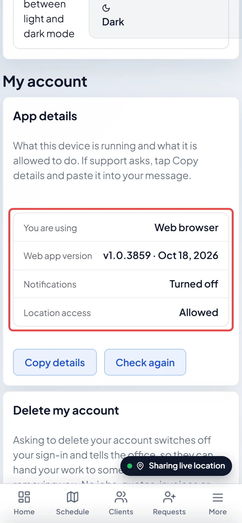 The App details card in My account, here opened in a phone's web browser
