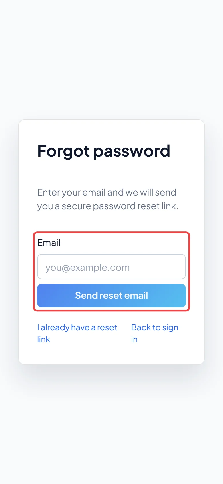The Forgot password screen on a phone