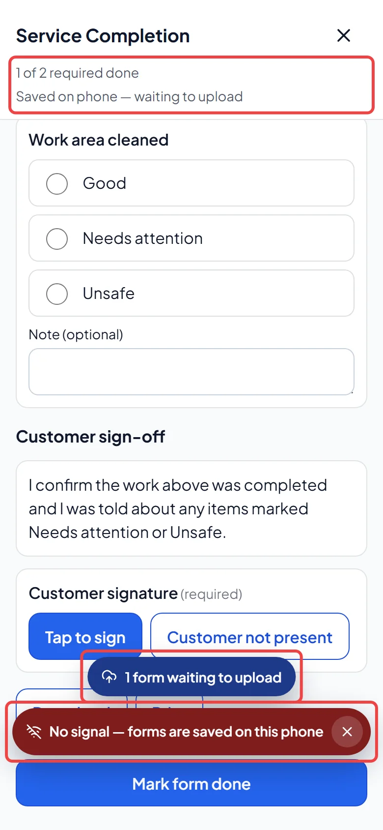 A job form on a phone with no signal, saved on the phone and waiting to upload