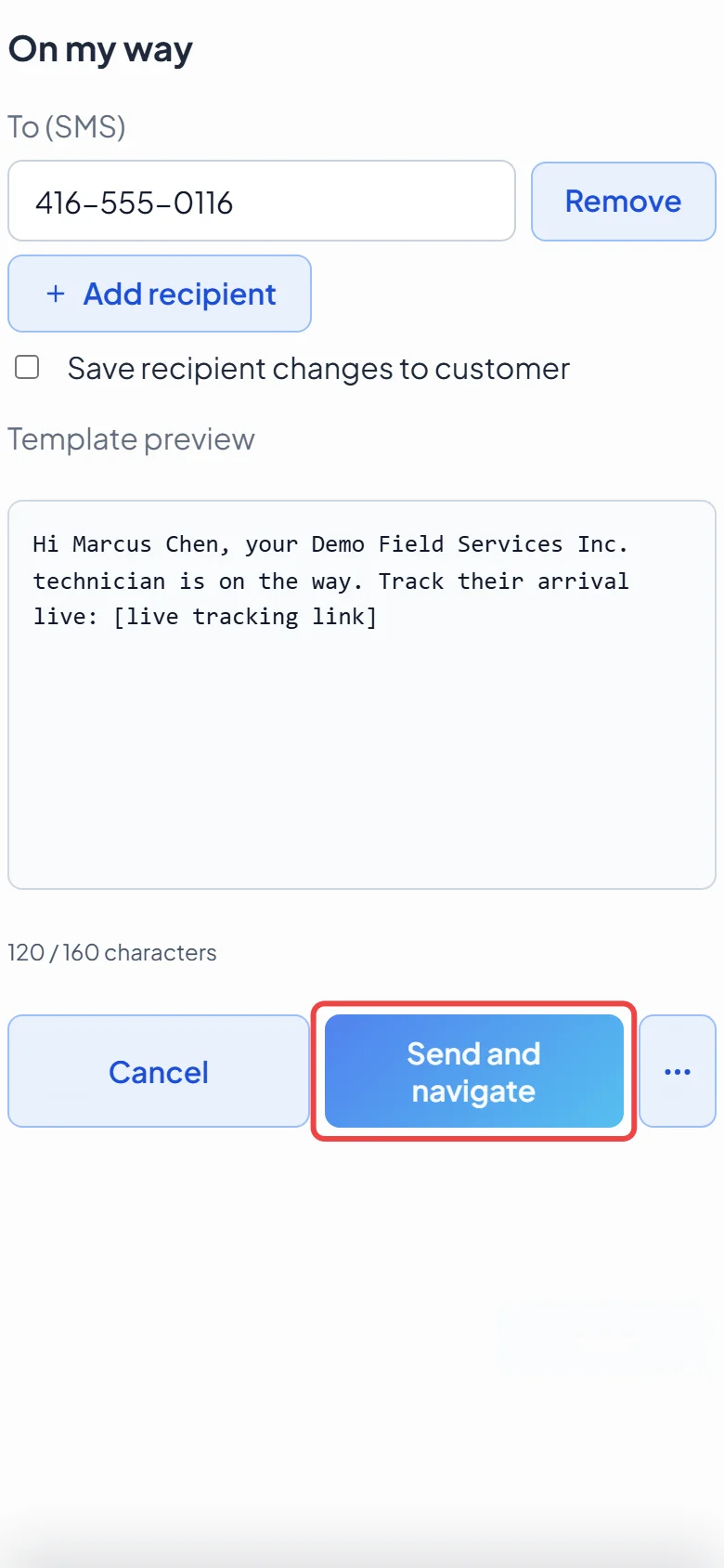 The on my way window on a phone with the Send and navigate button highlighted