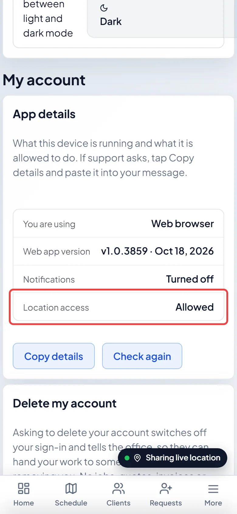 App details in a phone's web browser with the Location access row highlighted