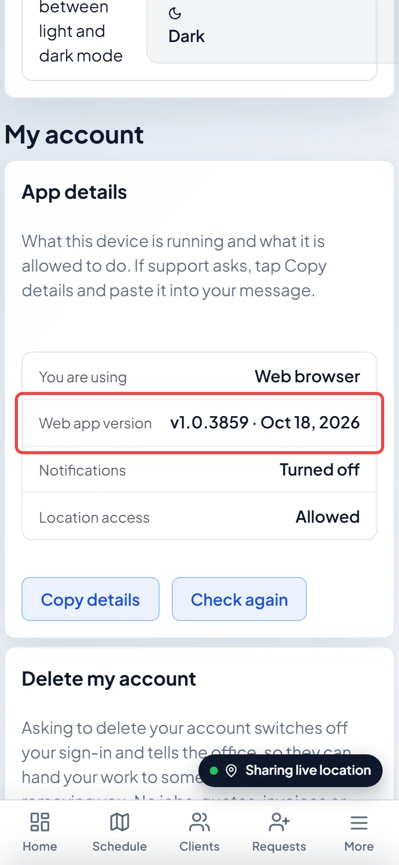 The Web app version row of App details on a phone