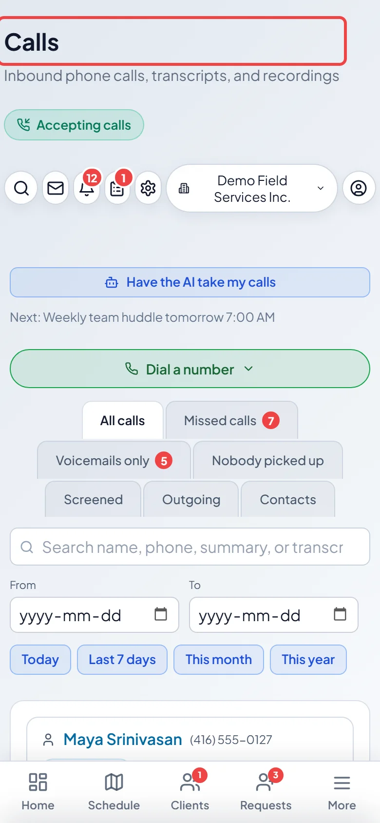 The Calls page on a phone with its heading highlighted