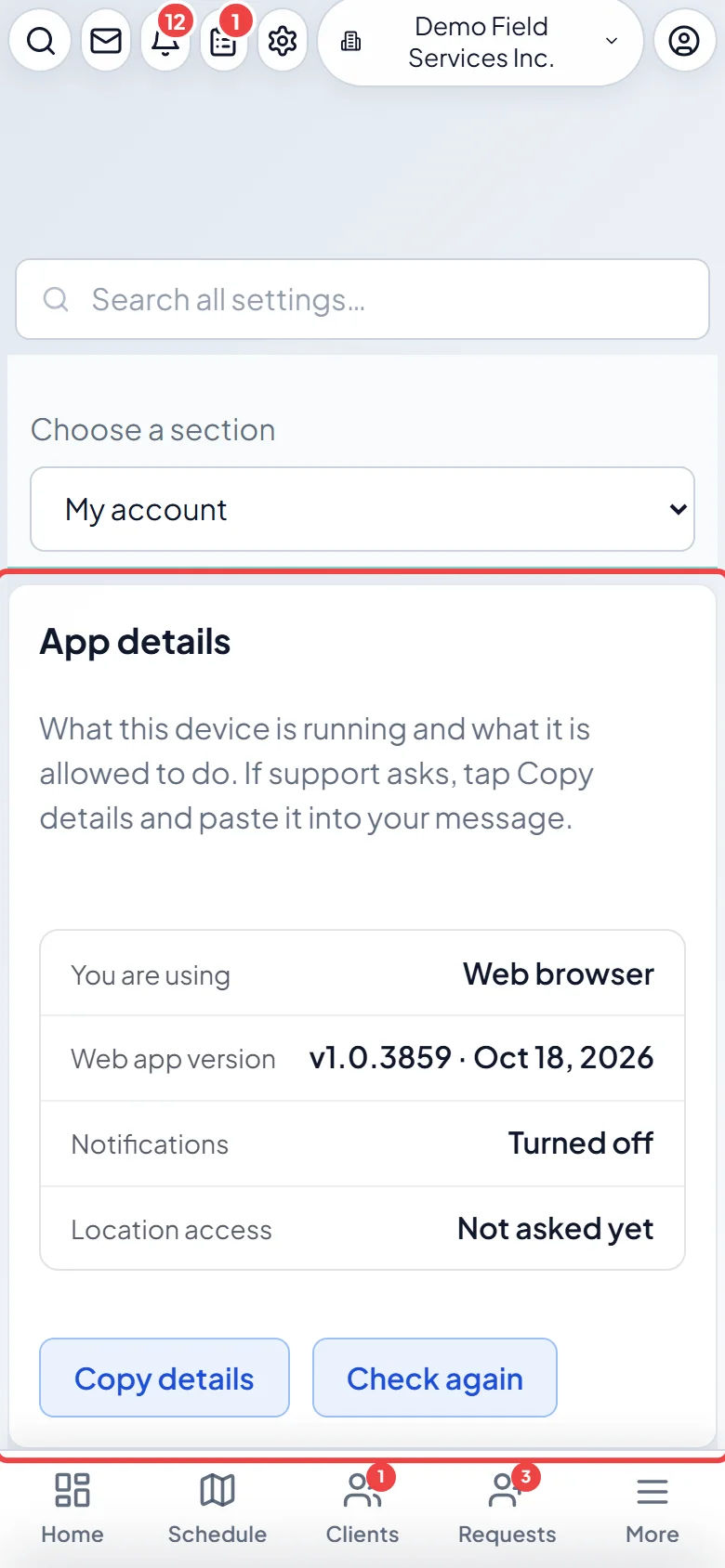App details in My account on a phone