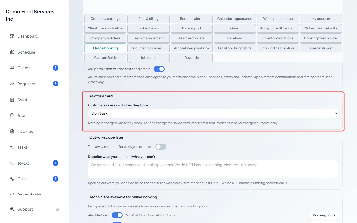 The Ask for a card section in the online booking settings