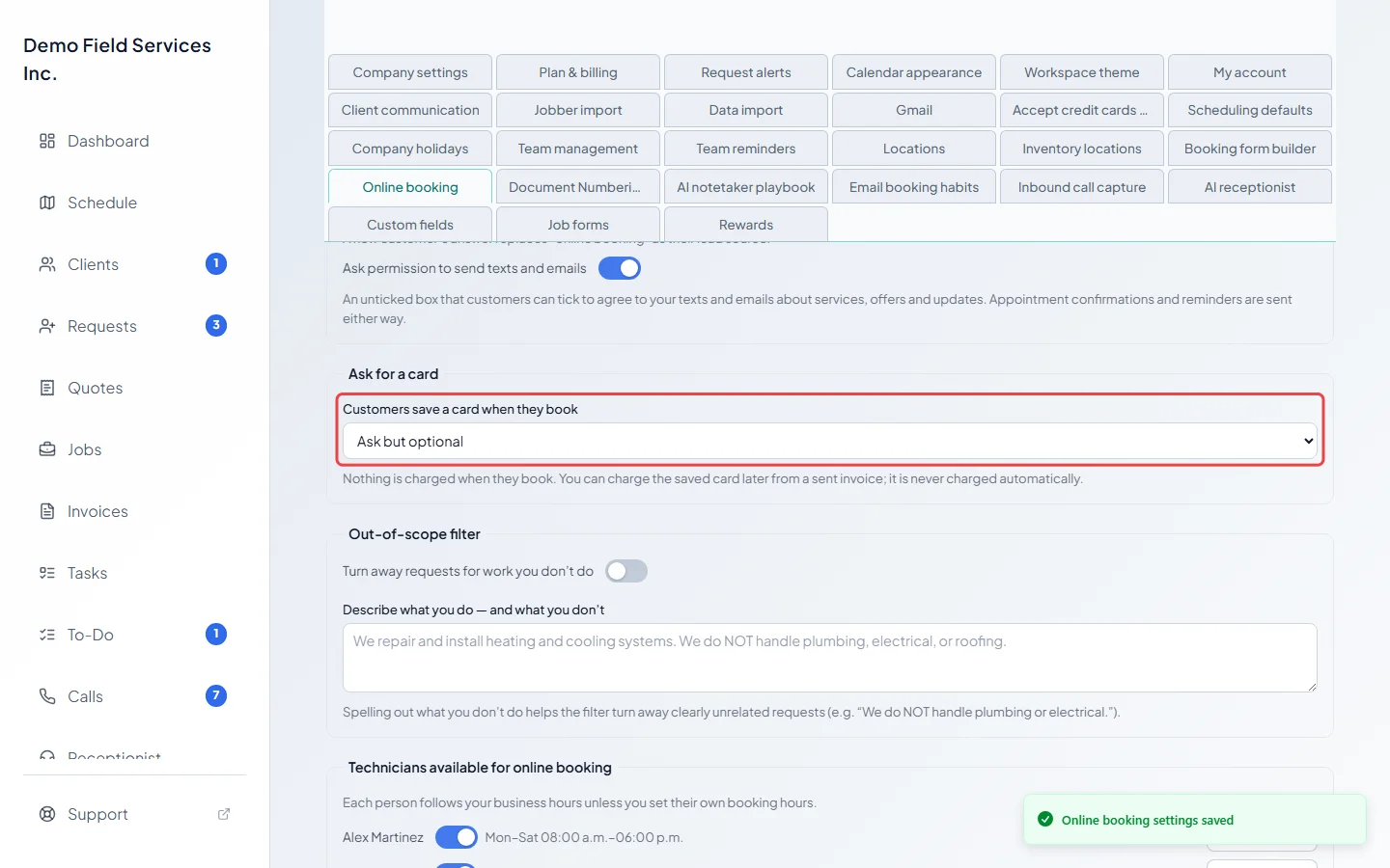 Ask but optional chosen for whether customers save a card