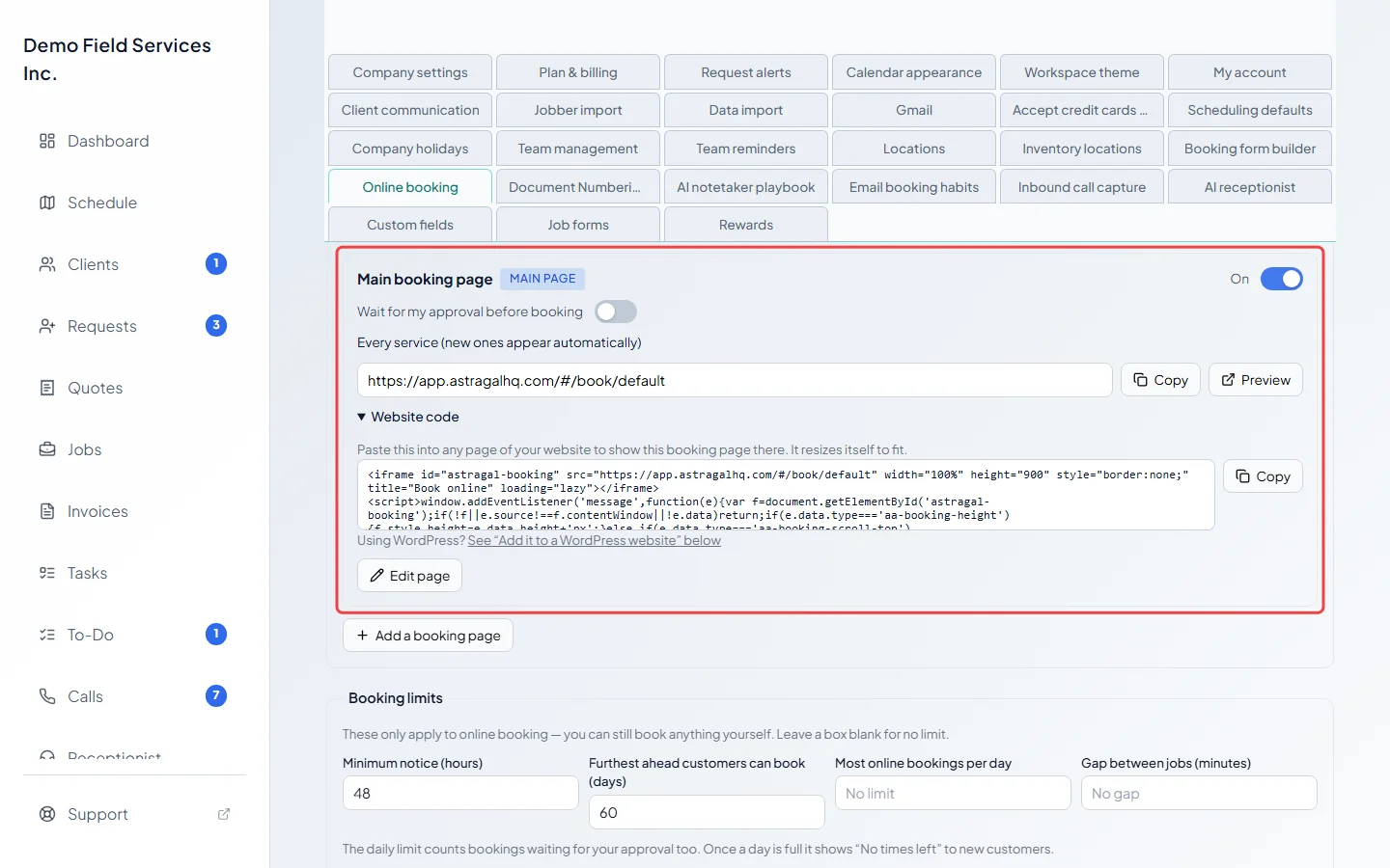 The Booking pages section with the main page's card
