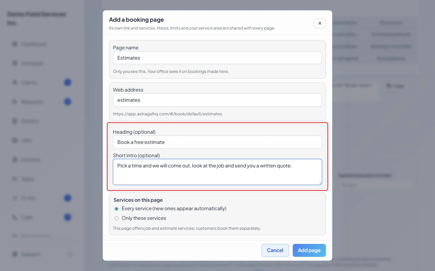 The heading and short intro boxes of a booking page