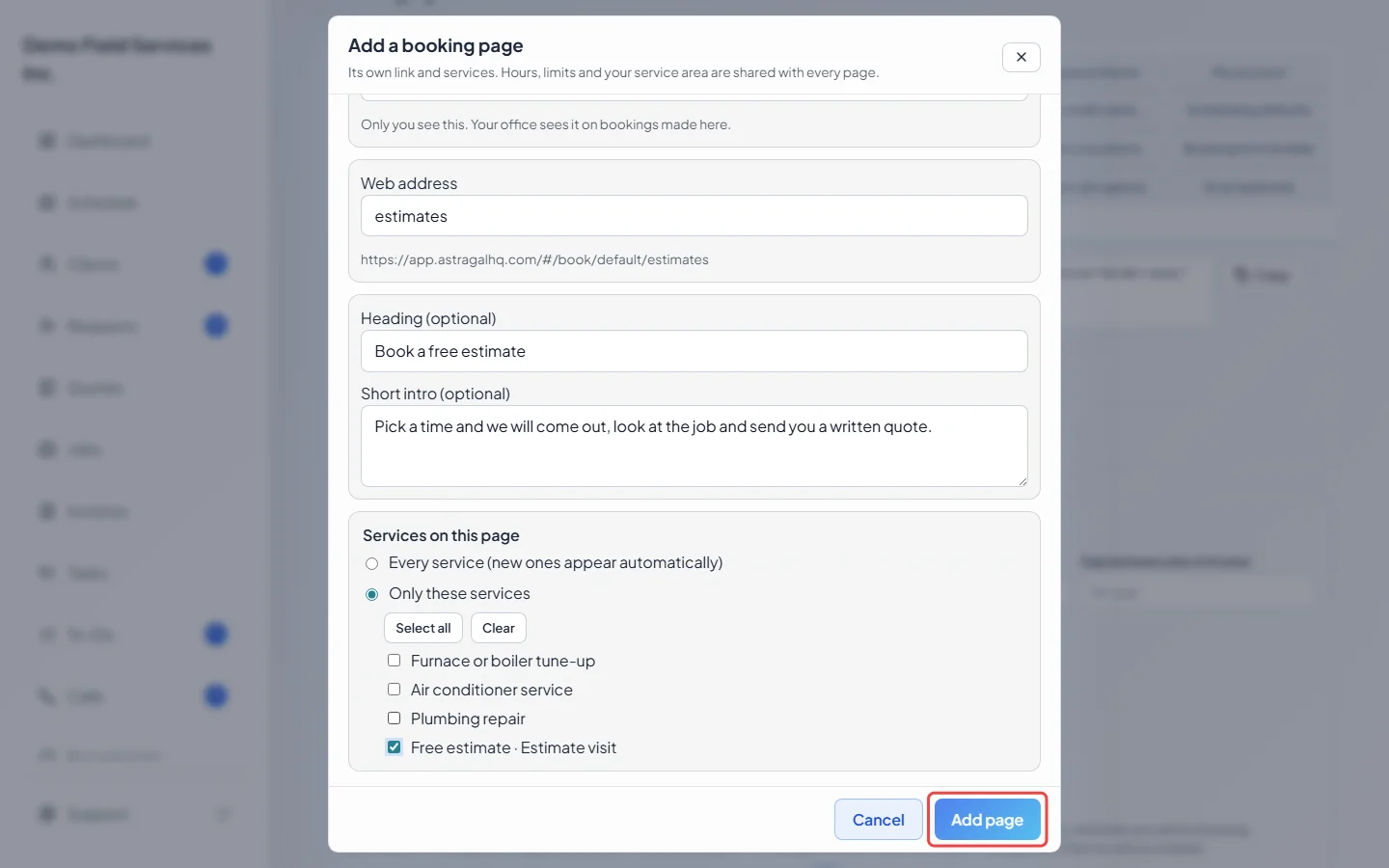 The Add page button at the bottom of the new page window