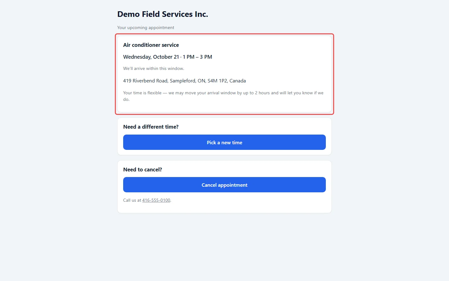 The manage booking page with the appointment's day, window and address