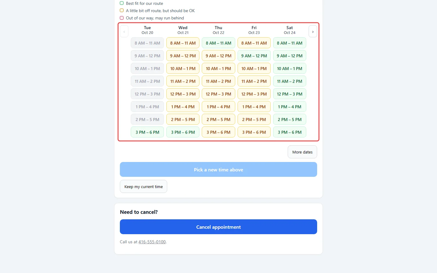 The Pick a new time calendar on the manage booking page