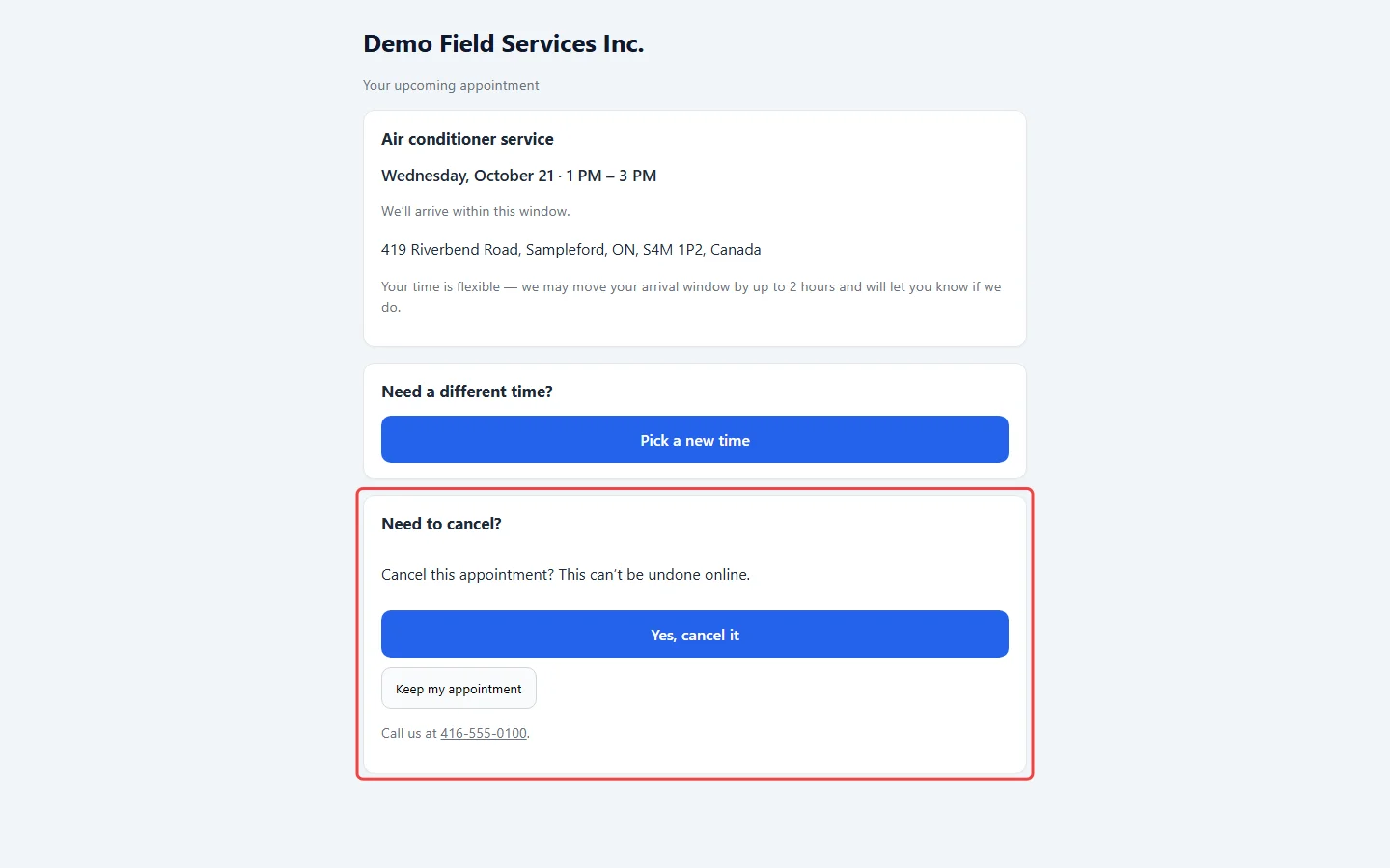 The cancel confirmation with Yes, cancel it and Keep my appointment