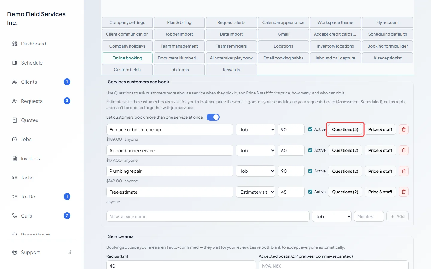 The Questions button beside a service in the services list