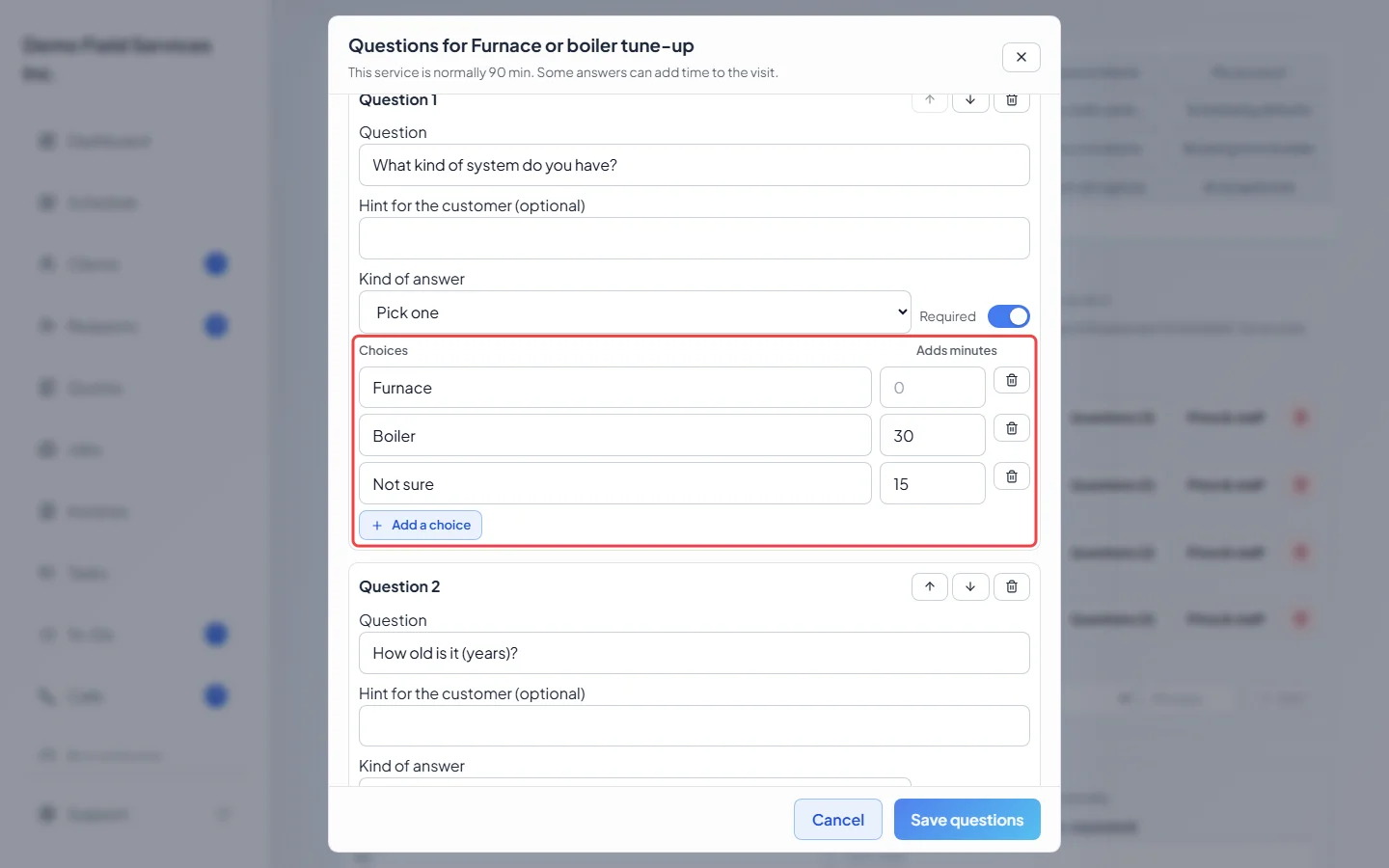 The choices of a question with minutes added to one choice