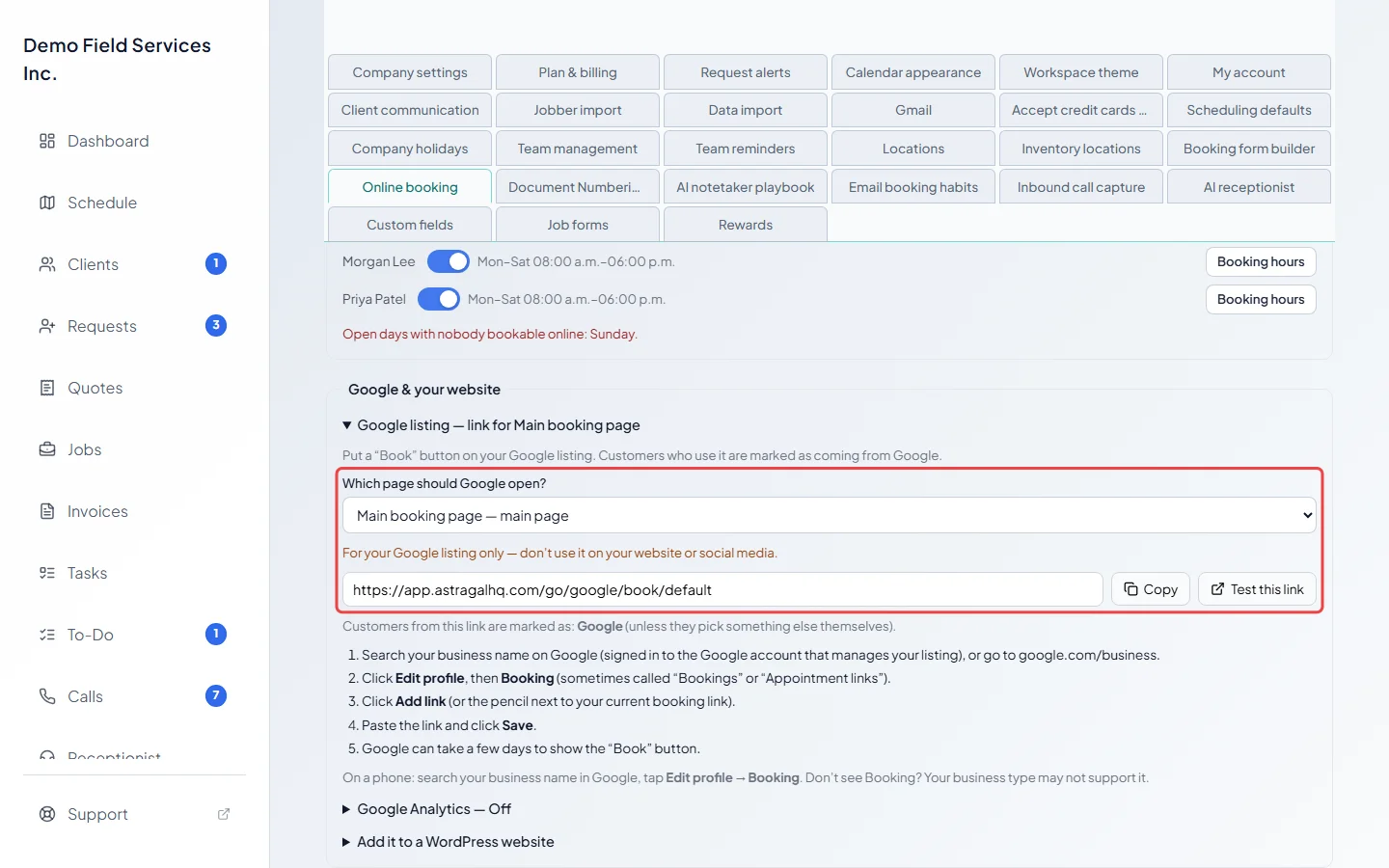 The Google listing part with the page picker and the link to copy
