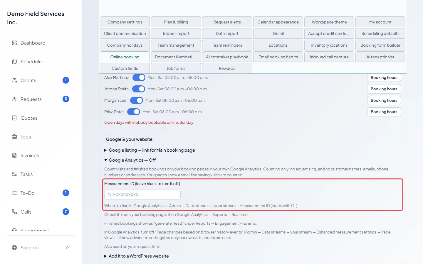 The Google Analytics part with the Measurement ID box