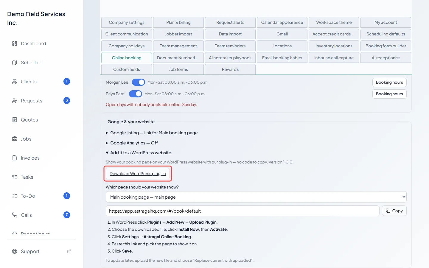 The WordPress part with the download button and the link to copy