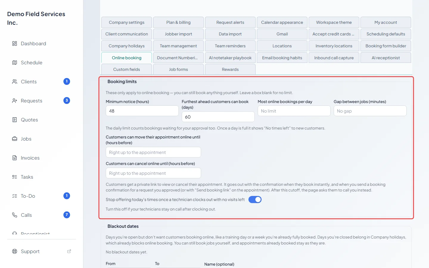 The Booking limits section with its boxes and switch