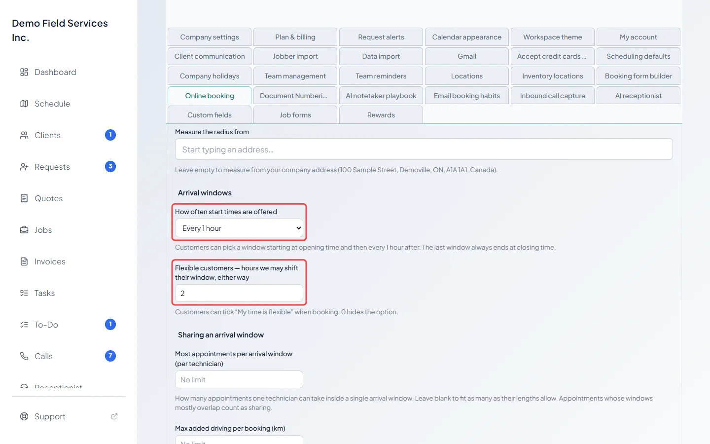 The Arrival windows settings with start times and flexible hours