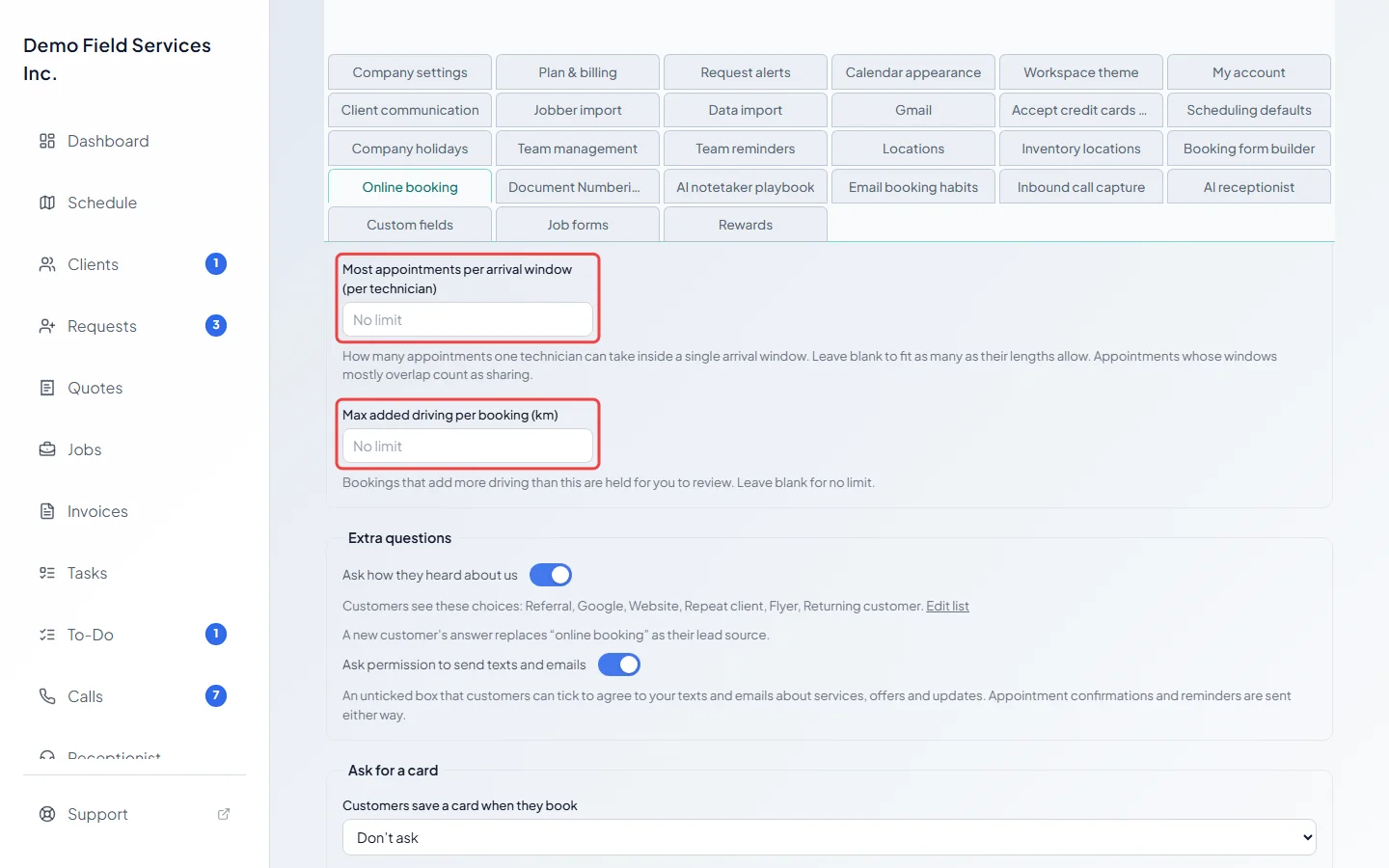 The Sharing an arrival window settings with the driving limit