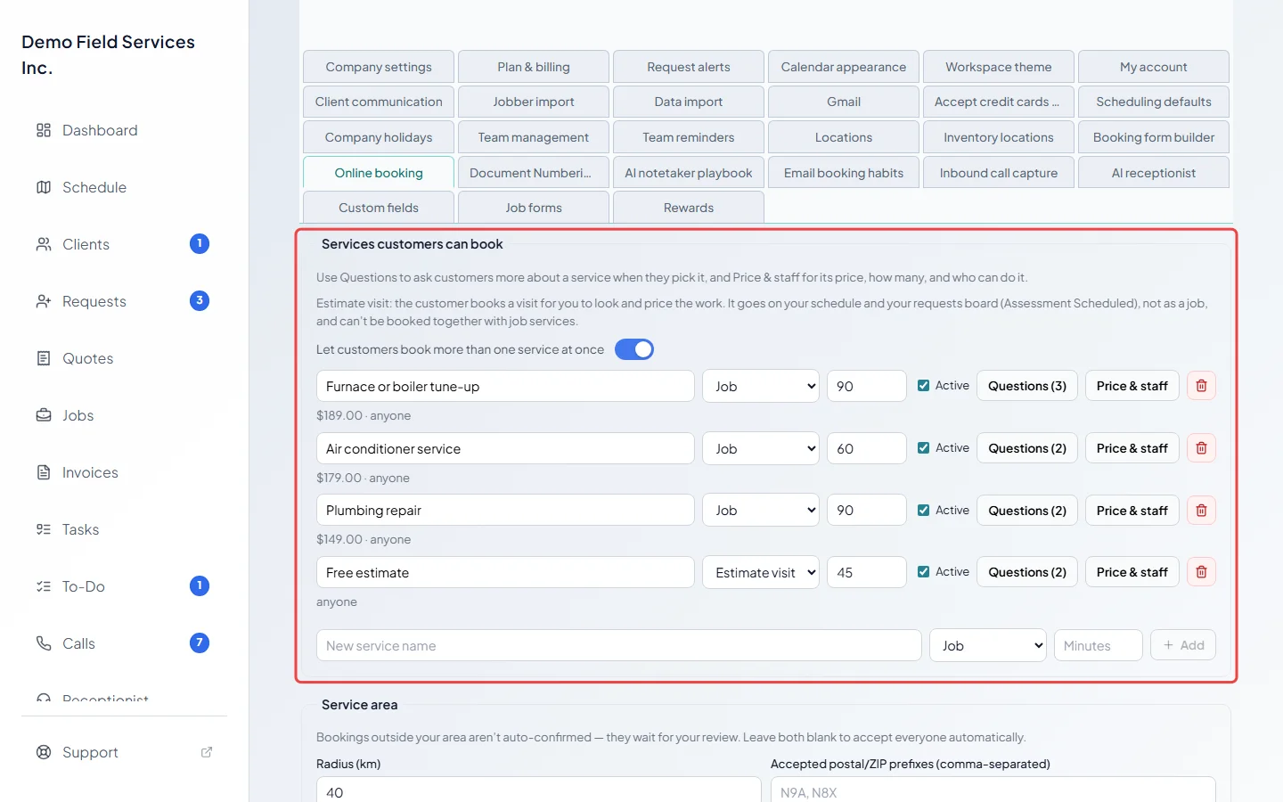 The Services customers can book section with the list of services