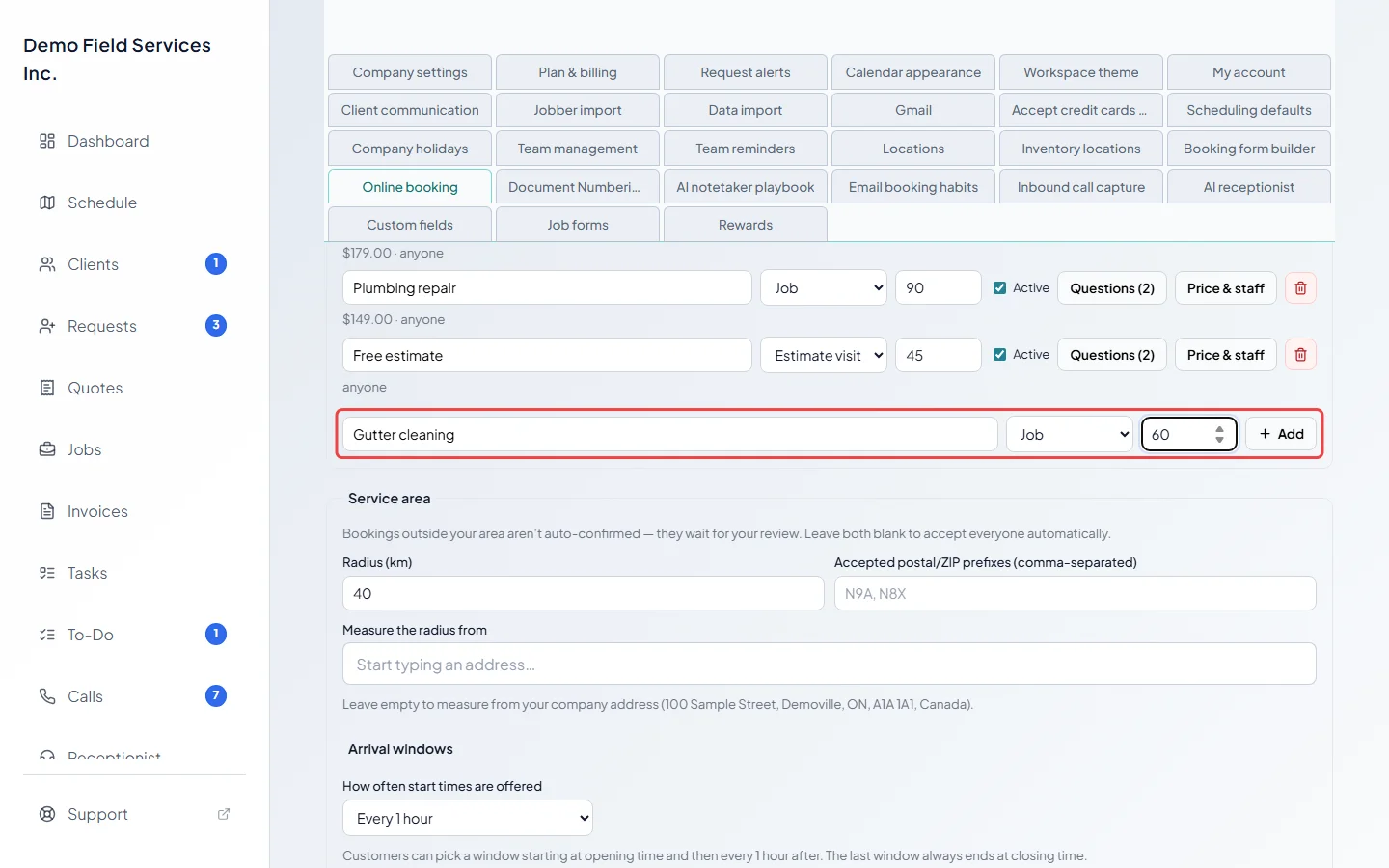 The row for adding a new service with its name, kind and minutes