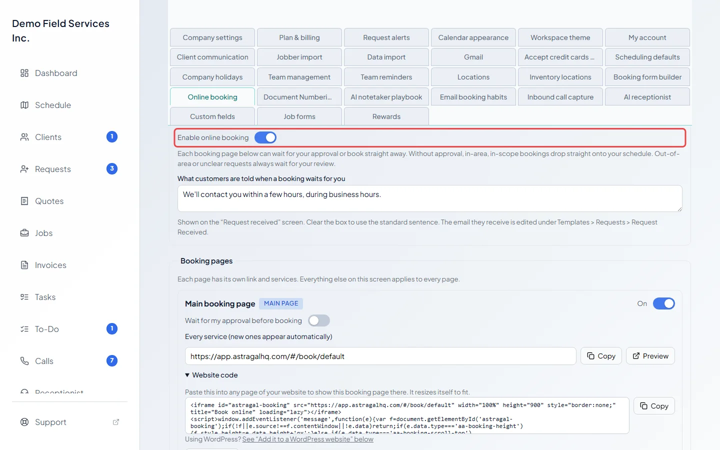 The Online booking settings with the Enable online booking switch highlighted